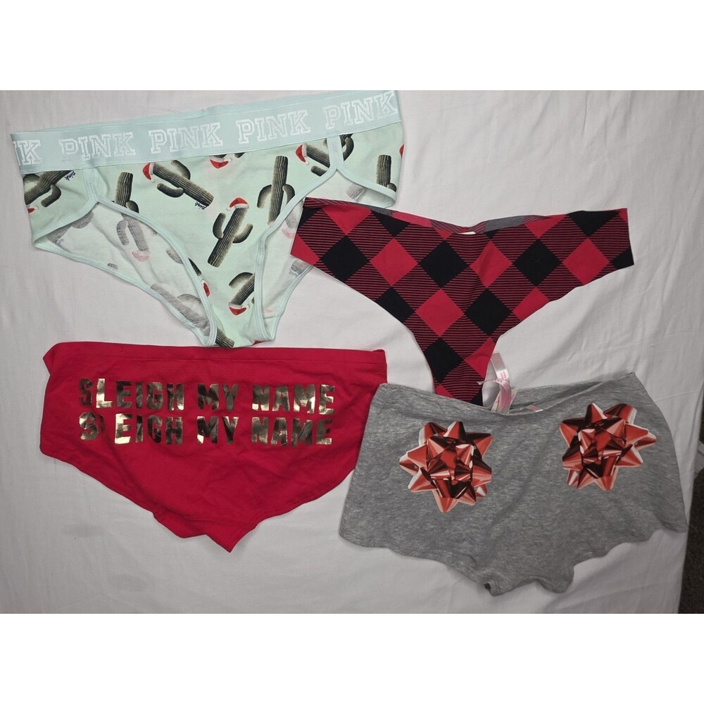 NWT Victoria's Secret Panties Lot of 4 Size Large Christmas Holiday Red Gray
